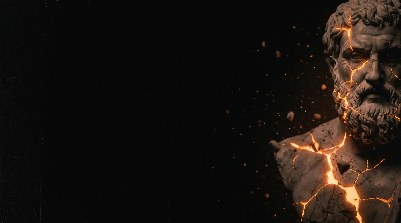 Busto clásico de mármol agrietándose con luz incandescente