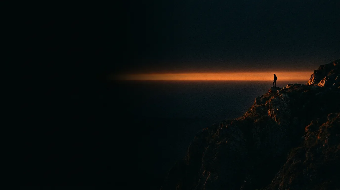 Persona en lo alto de un acantilado frente a un horizonte de luz naranja