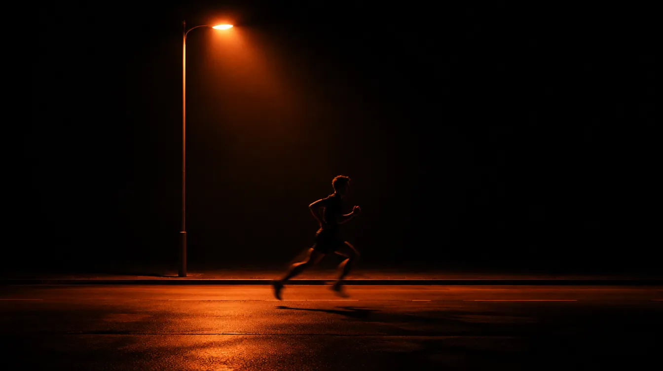 Corredor en plena zancada bajo una farola de noche