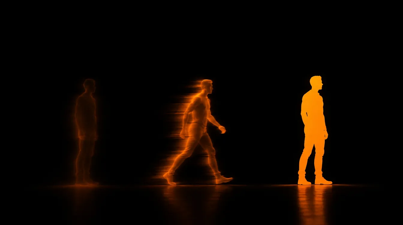 Tres siluetas de luz naranja: de una figura difusa a una figura sólida